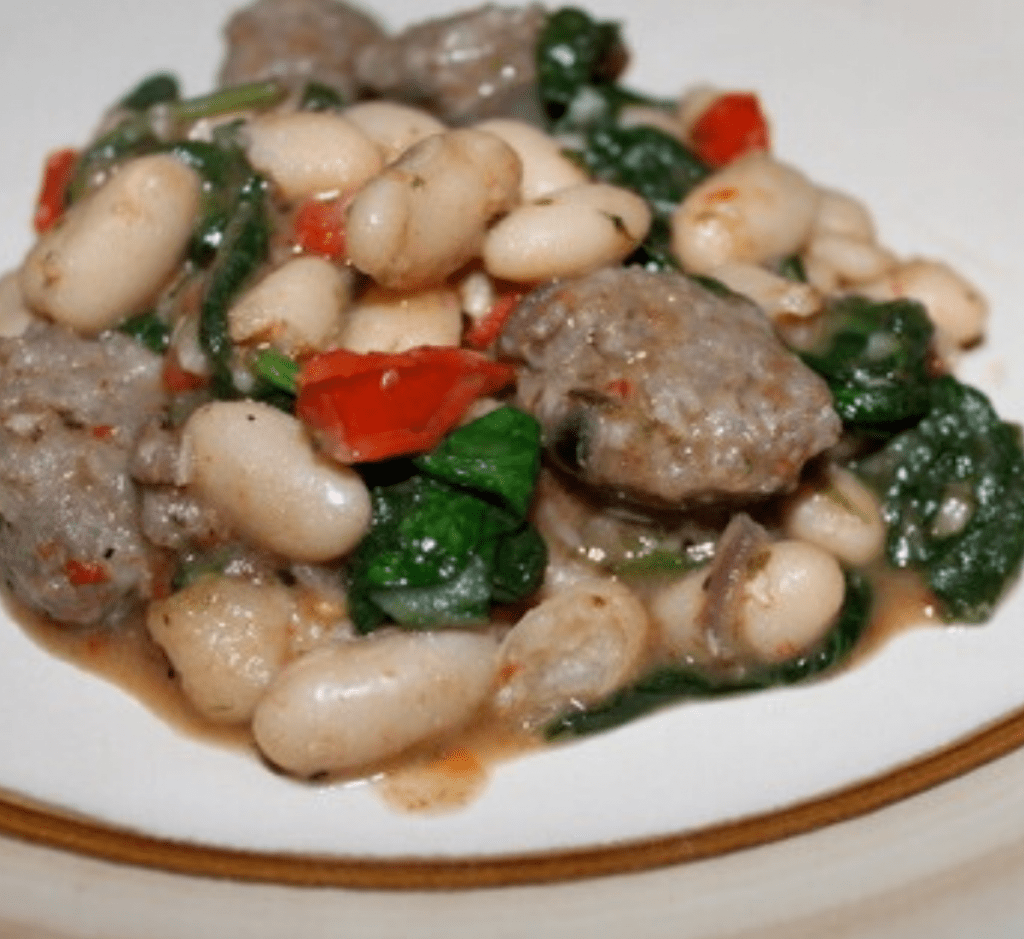 Plated Italian Sausage & White Bean dinner