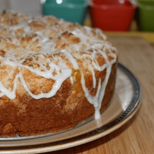 Finished lemon coffee cake on a platter