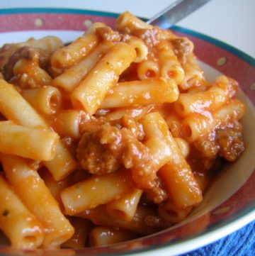 A serving of homemade Beefaroni in a bowl.