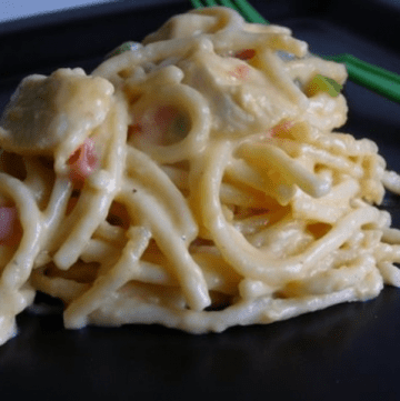 Serving of chicken spaghetti on a black plate